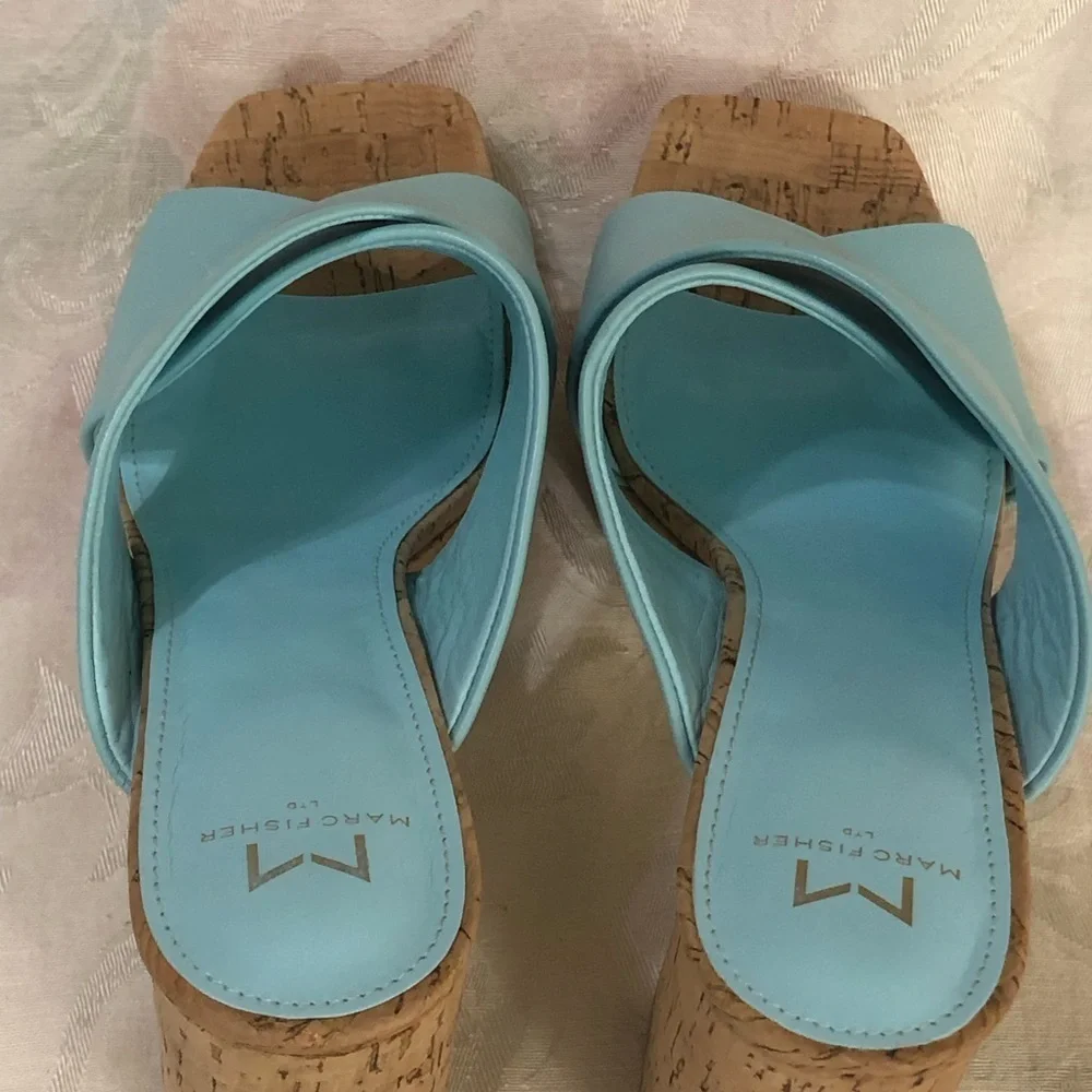 Marc Fisher Farlow Aqua Crisscross Platform High Cork Heel Sandals sz 8.5